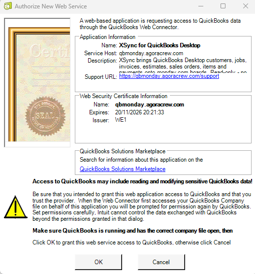 The Authorize New Web Service dialog in QuickBooks