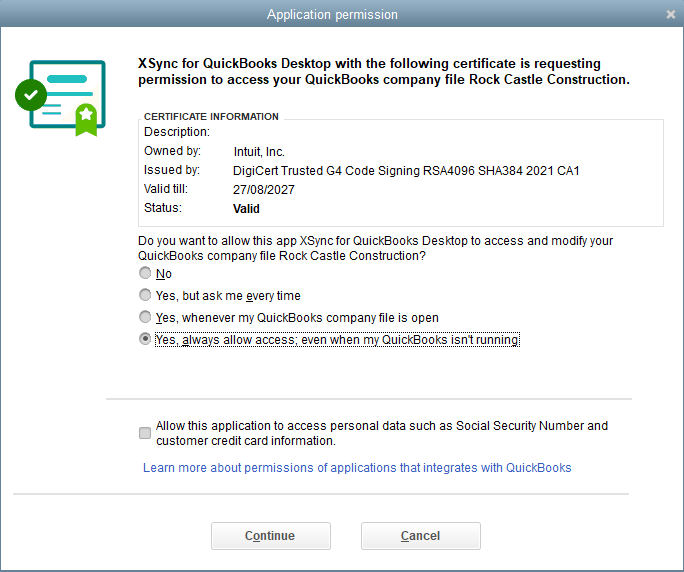 The QuickBooks Application permission dialog