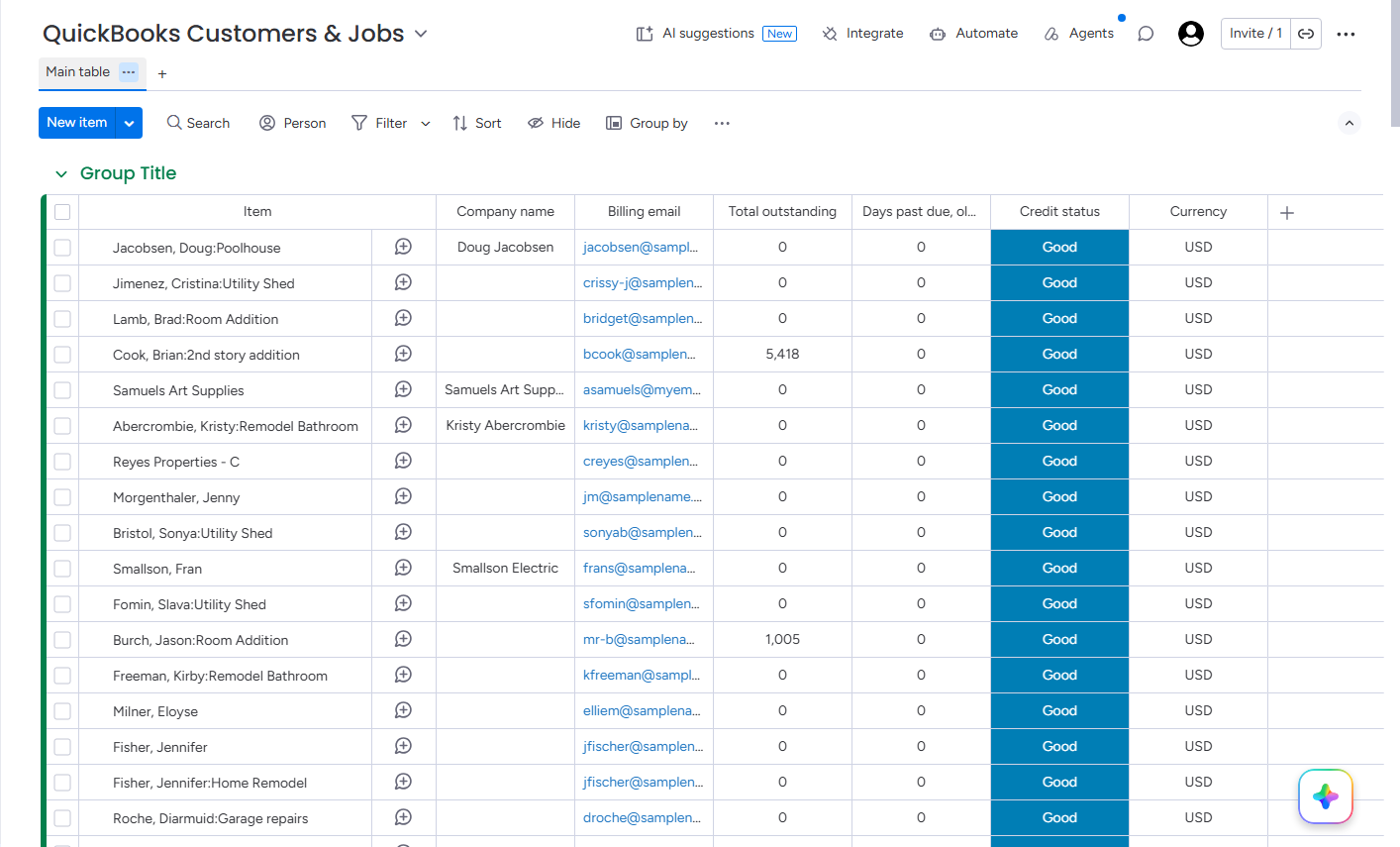 The monday workspace listing the QuickBooks boards